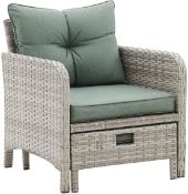 (P) 2x Grey Rattan Armchair & 2x Cushion Green. (Box 1 Of 2 From 5Pcs Grey Rattan Armchair Stool &