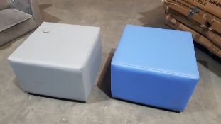 (2H) 2x Square Faux Leather Foot Stool. (1x Grey, 1x Blue). Blue Footstool Has Some Damage (See Pho