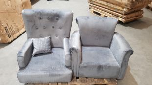 (2H) 2x Grey Armchair (No Legs On Either Unit). 1x Flynn Accent Chair Charcoal With Cushion (RRP £1