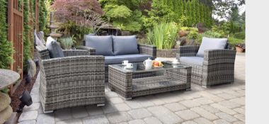Brand New Boxed Grey Rattan 2 Seater Plus 2 Chairs and Coffee Table