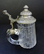 Antique 19th Century German Pewter Cut Glass Stein