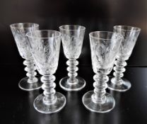 Set 5 Antique Edwardian Etched Sherry/Port Glasses