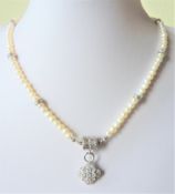 Cultured Pearl Sterling Silver CZ Necklace New with Gift Box