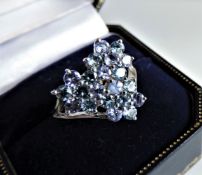 Sterling Silver Tanzanite & Topaz Floral Cluster Ring New with Gift Box