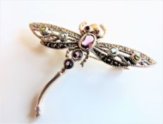 Vintage Sterling Silver Multi Gemstone Dragonfly Brooch circa 1960's