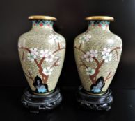 Pair Vintage Cloisonne Vases on Wood Stands