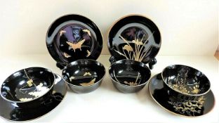 Set of 4 Hand Painted Japanese Lacquer Bowls and Plates