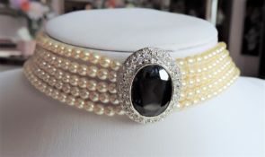 Princess Diana Inspired Pearl and Sapphire Choker Necklace with Gift Box