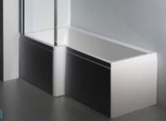 RRP £400. Square acrylic L shaped shower bath with front & end panels & Leg Set. Appears New Unuse