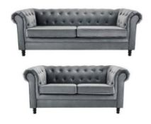 (P) RRP £1,399. Chesterfield 3 & 2 Seater Sofa Charcoal (MR019). Grade C Stock.