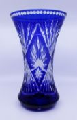 Large Stourbridge Glass Blue Overlay Crystal Vase