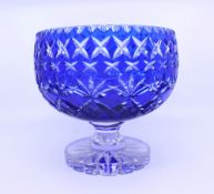 English Blue Overlay Crystal Footed Bowl c.1950