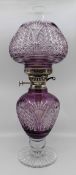 Very Fine English Cut Glass Amethyst Overlay Crystal Oil Lamp