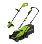 (2D) 2x Items. 1x Greenworks 24V Lawn Mower & String Trimmer RRP £189. 1x Flymo Hover Vac 250 RRP