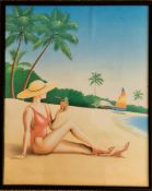 20th century Print c1980's Woman on Beach