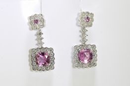 Pink Sapphire & Diamond Earrings Set in 18 Carat White Gold.