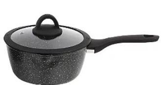 (121/R8) 5x Marble Soft Grip Pans. 1x Large Saucepan With Lid, 1x Medium Saucepan. 1x Milk Sauc