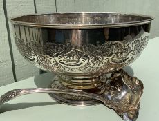 Stunning Antique Silver Plated On Copper Punch Bowl and Ladle