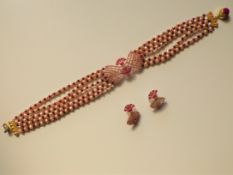 A Five Strand Ruby and Pearl Choker Necklace and Earrings Set.