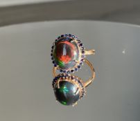 Beautiful Natural Black Opal Ring With Natural Blue Sapphire and 18K Gold
