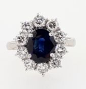 18CT White Gold Oval 2.2CT Sapphire & 1.0CT Diamond Cluster Ring