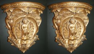 Pair of Gilded Hand Carved Cherubic Wall Brackets