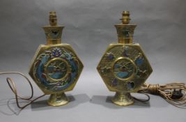 Pair of 19th c. Japanese Enamelled Brass Moonflask Table Lamps