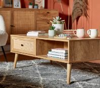 (97/6M) RRP £115. Kubu Rattan Coffee Table. Woven Cane Detailing, Wood-Effect Finish, Metal Handl...