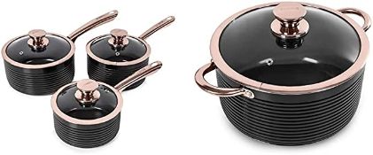Tower Saucepan Set, Aluminium, Black and Rose Gold Casserole Dish with Lid. RRP £119.99 - GRADE U