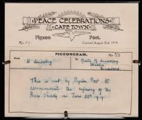 South Africa 1919 (Aug 2) Pigeongram form bearing a message, carried by pigeon within Cape Town a...