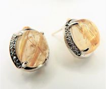 Sterling Silver Cabochon Golden Rutilated Quartz & Diamond Earrings New with Gift Box