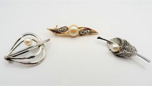 A Small Collection of Three Sterling Silver Pearl Brooches