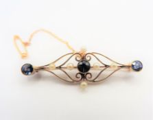 Antique Edwardian 15k Gold Sapphire and Seed Pearl Brooch