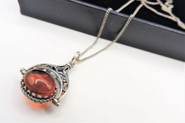 Vintage Silver Spinning Amber Fob Pendant Necklace
