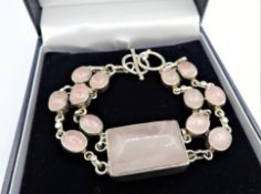 Vintage Modernist Sterling Silver Rose Quartz Bracelet 32grams