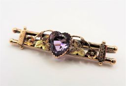 Antique Victorian 9k Gold 2ct Amethyst Sweetheart Brooch