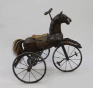 Early 20th c. Carved Wooden Horse on Tricycle