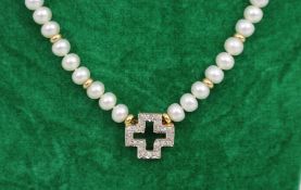 Vintage Italian Pearl Necklace with 14ct Gold Diamond Cross & Gold Clasp