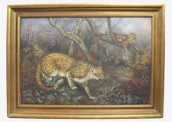 Leopards 20th c. Oil on Canvas Set in Gilt Frame
