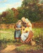 Feeding the Kitten by Mark William Langlois (British, 1848-1924) Oil on Canvas