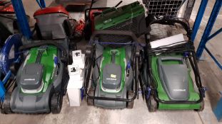 (114/5A) 3x Powerbase Lawn Mowers. 1x Self Propelled Cordless 40cm 40V Main Body With 1x Dual Cha...