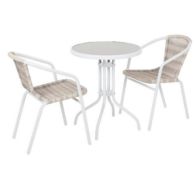 (84/5H) RRP £80. Eloise Bistro Set Natural. Powder Coated Steel Frame. Toughened Glass Table Top....