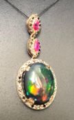 Beautiful Natural 5.40cts Black Opal Pendant Ruby &Diamonds & 18k Rose Gold