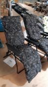 (94/Mez) 3x Garden Relaxer Chair. 2x Black Abstract Deco -1x Has Rip On Fabric. 1x Floral Cream.