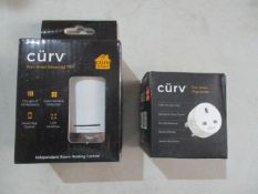 2 assorted Curv items , thermostat valve and plug adapter compatible with Android and Apple - g