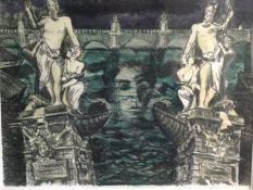 Titled “the Ebb and Flowyour Face “ Two Statues Above the River and a Bridge Beyond Pictures Fram...