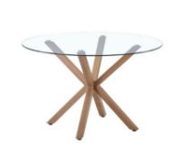 (89/P) RRP £140. Ludlow Round Glass Dining Table. Sturdy Metal Frame With An Oak Effect Finish. D...
