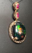 Beautiful Natural 5.40cts Black Opal Pendant Ruby &Diamonds & 18k Rose Gold