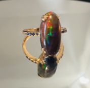 Beautiful Natural Black Opal Ring with Natural Blue Sapphire and 18k Gold