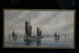 Late Victorian Boats Watercolour with Verre Eglomise Surround